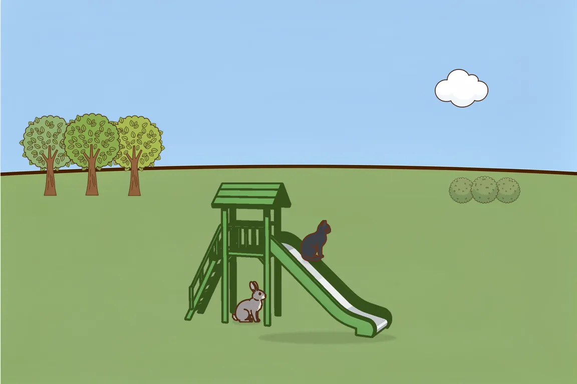 The picture: a black cat sits on a green slide and a grey rabbit sits under it, in a park with trees, bushes and a cloud