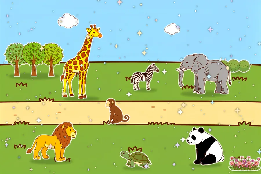 Your own picture: a zoo with a giraffe, a zebra, an elephant, a monkey on the path, a lion, a turtle and a panda, with trees, bushes, flowers and two clouds (Candy)