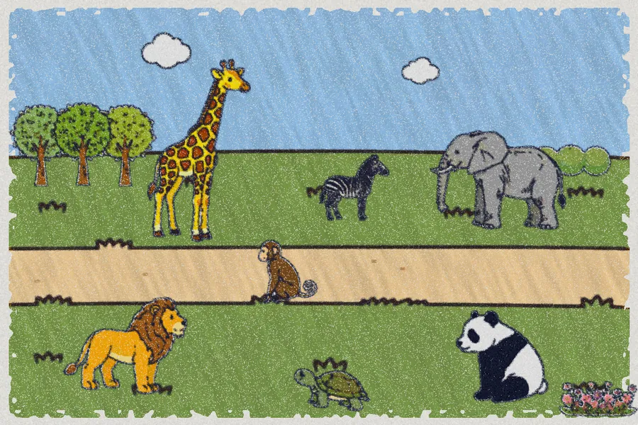 Your own picture: a zoo with a giraffe, a zebra, an elephant, a monkey on the path, a lion, a turtle and a panda, with trees, bushes, flowers and two clouds (Crayon)