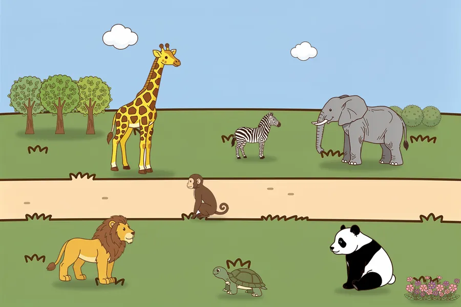 Your own picture: a zoo with a giraffe, a zebra, an elephant, a monkey on the path, a lion, a turtle and a panda, with trees, bushes, flowers and two clouds