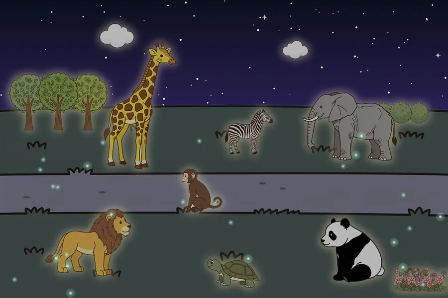 Your own picture: a zoo with a giraffe, a zebra, an elephant, a monkey on the path, a lion, a turtle and a panda, with trees, bushes, flowers and two clouds (Starry night)