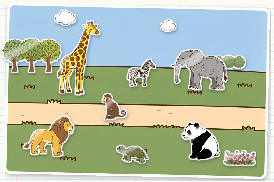 Your own picture: a zoo with a giraffe, a zebra, an elephant, a monkey on the path, a lion, a turtle and a panda, with trees, bushes, flowers and two clouds (Sticker)