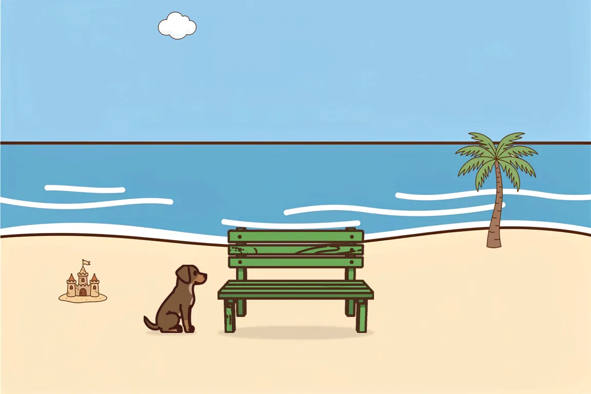 Another picture to describe: a brown dog next to a green bench on a beach, with a palm tree, a sandcastle and a cloud