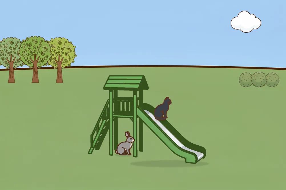 All grown: the cat on the slide and the rabbit underneath, in a park with trees, bushes and a cloud