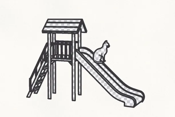A cat on a slide, drawn in outline and filled with a gray checkerboard because no colors were said, on blank paper